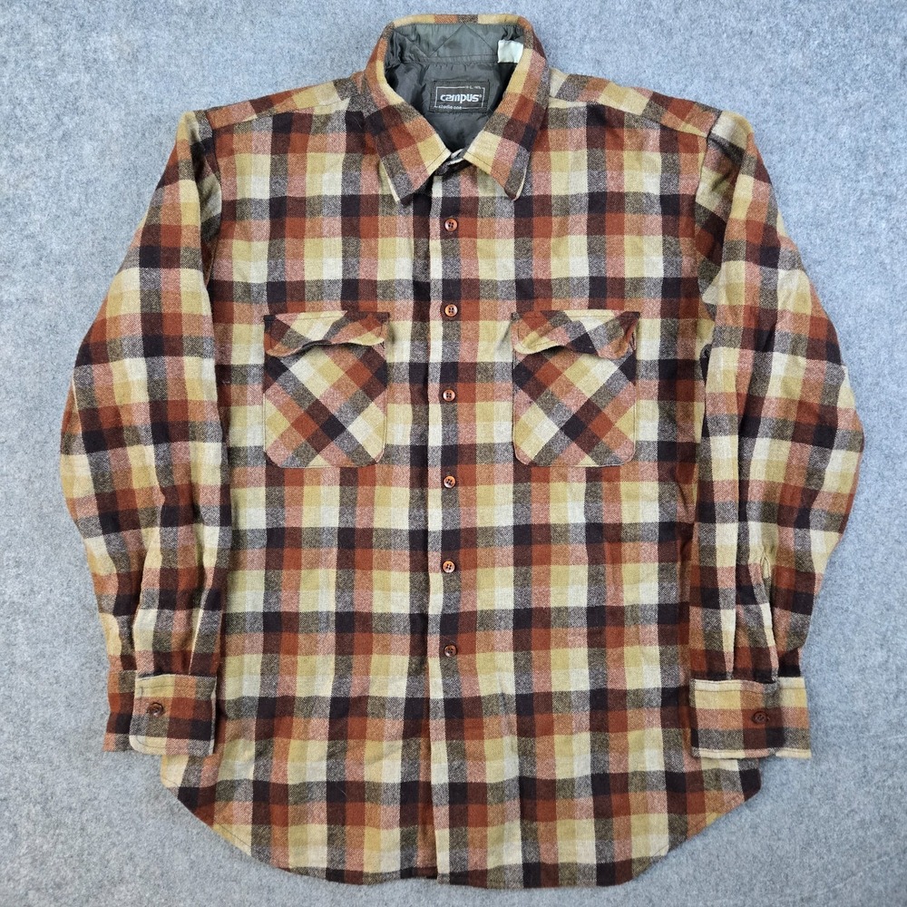 Vintage Campus Flannel Shirt Mens L Orange Brown Plaid Wool Blend Outdoors Cabin